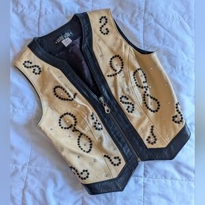Vintage Silver Mesa Leather Show Vest, Tan & Black, Studded Rhinestone & Beaded